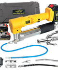 Cordless 12000 PSI Grease Gun Kit with dual batteries, quick release coupler, 39 inch hose, rigid extension, charger, and nozzles