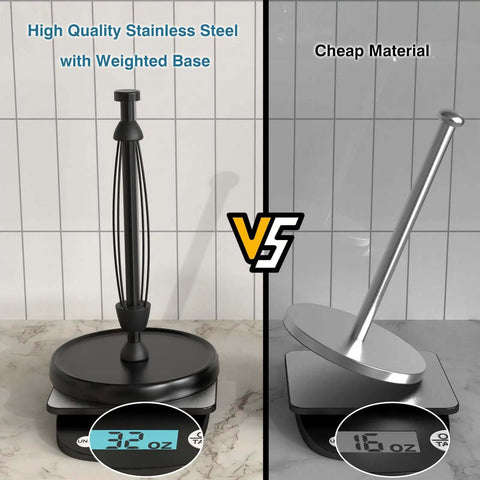 Comparison of One Hand Tear Paper Towel Holder For Countertop Black Stainless Steel With Weighted Base versus cheaper version.