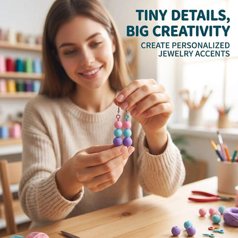 Woman creating jewelry accents using colorful beads and screw eye pins, demonstrating creativity in DIY projects.