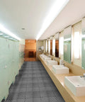 Bathroom with Interlocking Cushion PVC Flooring Tiles Set 12x12 Inches No Slip Drainage Mats for safe wet surface.