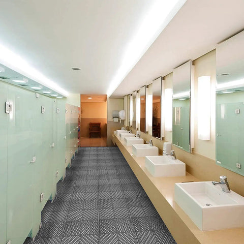 Bathroom with Interlocking Cushion PVC Flooring Tiles Set 12x12 Inches No Slip Drainage Mats for safe wet surface.