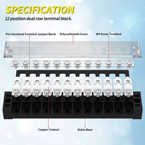 Built Tough 35A 600V 12 Position Terminal Block With Dual Row Screw Terminal Strip And Transparent Cover, labeled parts