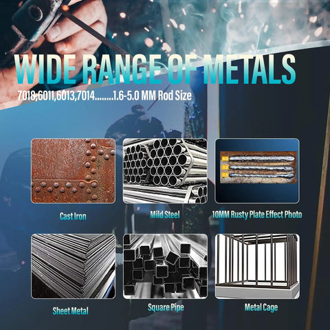 Wide range of metals compatible with Portable 110V DC Inverter Stick Welder For Beginners including cast iron, mild steel, and sheet metal.