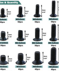 Beefy 560 Piece Black Carbon Steel Laptop Screw Set, size and quantity chart, M2 M2.5 M3 Phillips screws for Dell Samsung HP Sony laptops.