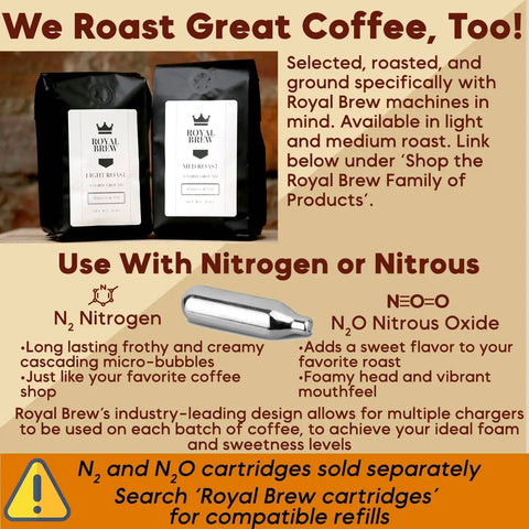 Coffee bags and nitrogen cartridge for use with nitro cold brew systems, emphasizing roasted coffee and compatible refills.
