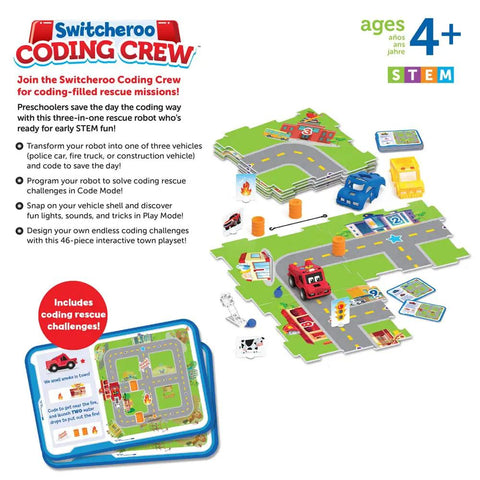 Switcheroo Coding Crew Screen Free Robot Kit For Kids Hands On Push Button Coding To Learn Sequencing Logic And Problem Solving Through Rescue Mission Play And Totally Imaginative STEM Adventures, 46-piece set with robot, vehicle shells, and town mats