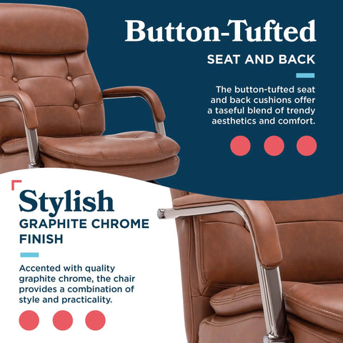 Tufted Executive Office Chair With Double Layer Cushion, Padded Armrests, Bonded Leather Finish, Swivel Metal Base