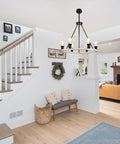 Farmhouse Wagon Wheel Chandelier With 6 Lights For Dining Room And Kitchen Island Rustic Modern Ceiling Light Fixture Distressed Wood Finish Hanging Pendant Over Table And Living Area Barn Chic Statement Piece in bright living area