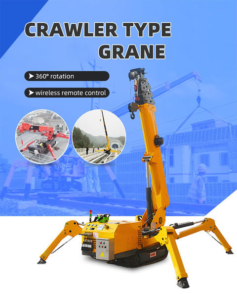 Heavy Duty Small Crawler Crane With Fly Jib And Hydraulic Telescopic Boom showcasing 360° rotation and wireless remote control.