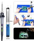 60W Soldering Iron Kit With Temperature Control, Three LED Work Lights, Five Premium Tips in use on circuit board