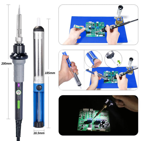 60W Soldering Iron Kit With Temperature Control, Three LED Work Lights, Five Premium Tips in use on circuit board