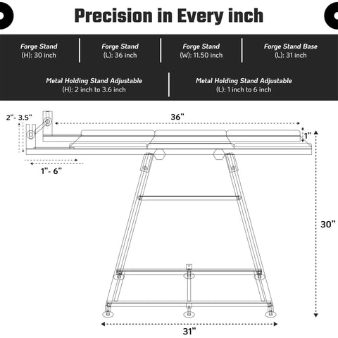 Diagram of Heavy Duty Blacksmith Forge Stand For Single, Double, And Three Burner Kits Heat Resistant Steel 36 Inch dimensions.