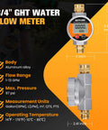 Heavy Duty Aluminum Water Flow Meter For Garden Hose, RV And Lawn Sprinkler, IP68 Waterproof Outdoor Meter With Rugged Metal Body, Clear Flow Readout, Leak Resistant, Easy Install And Durable Performance. 3/4 inch meter shown front and side view