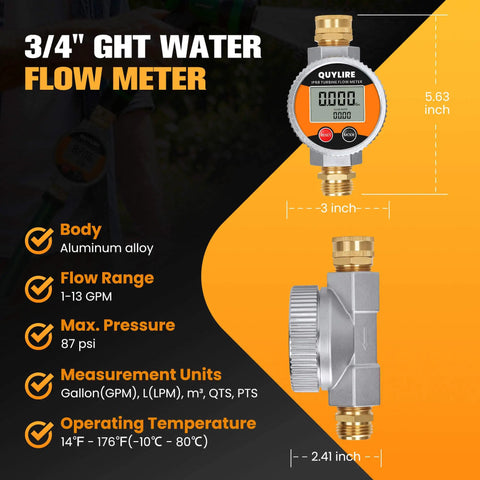 Heavy Duty Aluminum Water Flow Meter For Garden Hose, RV And Lawn Sprinkler, IP68 Waterproof Outdoor Meter With Rugged Metal Body, Clear Flow Readout, Leak Resistant, Easy Install And Durable Performance. 3/4 inch meter shown front and side view