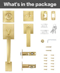 Satin Brass Entry Door Handle Set With Square Backplate, Single Cylinder Deadbolt, Low Half Lever, installation parts.