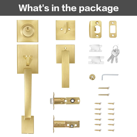 Satin Brass Entry Door Handle Set With Square Backplate, Single Cylinder Deadbolt, Low Half Lever, installation parts.