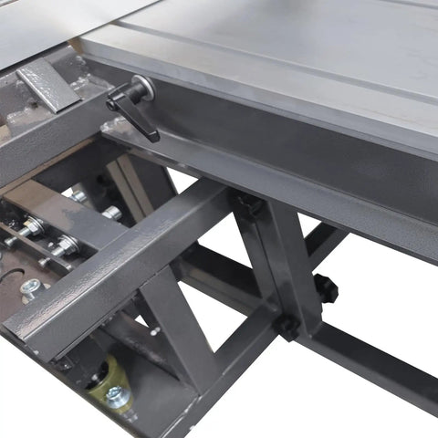 Pro Grade 220V Woodworking Table Saw With Dust Free Housing And Smooth Four Way Swing Arm For Razor Sharp Precision Cuts Includes Eight And Four Inch Blades Solid Shop Bench Tool close-up of the sturdy base and adjustment lever.