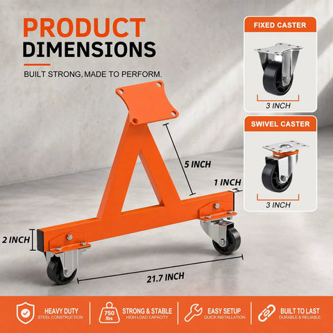 Heavy Duty Rolling LS Engine Stand Cradle Built Like A Tank For Gm Chevy Lsx Swap, dimensions showing durable steel frame and casters.