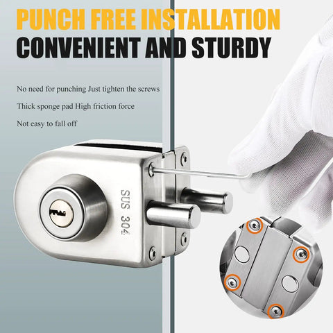 Hella Secure Stainless Steel Glass Door Lock With Double Bolt Build And Sleek Push Slider Mechanism For Eight To Twelve Millimeter Frames Quick Office Install Arrives With Three Sturdy Keys For Ultimate Peace, showing punch-free installation and sturdy design.