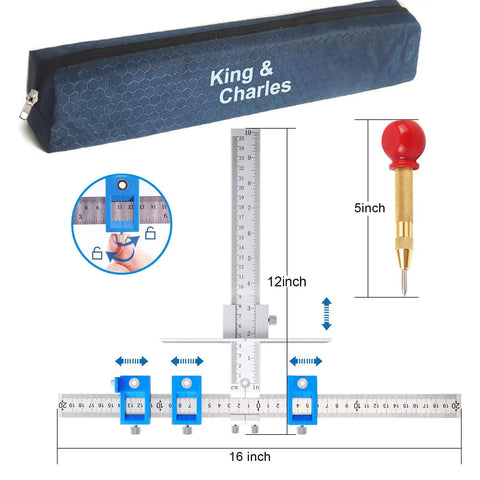 Metal Cabinet Handle Jig With Automatic Center Punch Jitter Free Drilling Guide, 12-inch ruler, and 16-inch template in case