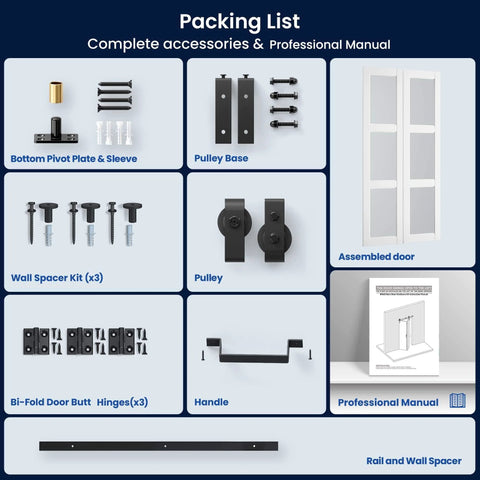 Space Saving Bifold Barn Door 28 Inch by 84 Inch Frosted Glass With Hardware Kit Included showing components and manual