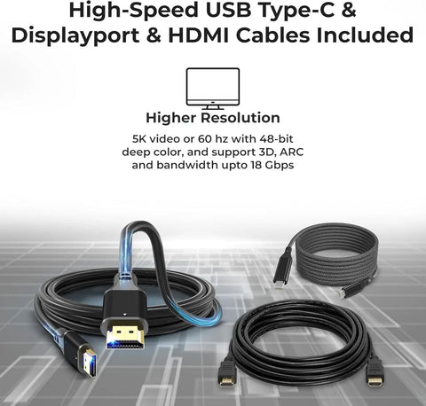 High-Speed USB Type-C and HDMI cables for Thunderbolt 5 USB C Docking Station Bundle supporting 5K resolution.