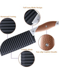 Crinkle cutter for vegetables with brown non-slip handle and stainless steel wave blade (front view)