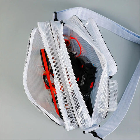 Clear PVC No Sweat Top Tier Cleanroom Tool Bag Crossbody Bag with tools visible, perfect for tech crews on the go.