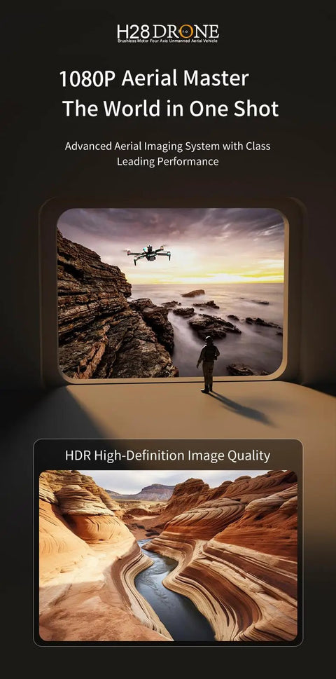 1080P HD Foldable Drone With Gesture Control Remote flying over scenic landscape with HDR image quality display