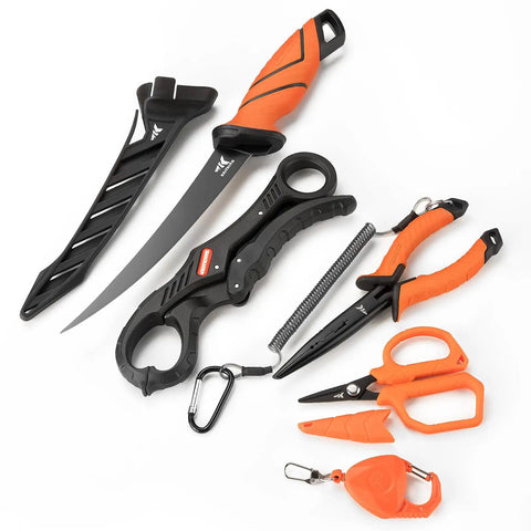 SteelStream 6pc Fishing Tool Kit with corrosion-resistant pliers, fillet knife, floating lip gripper, braid scissors, tool retractor, lanyard.