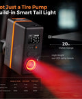 Mini Portable Bike Pump With Slick Digital Gauge And Taillight 130 PSI Electric Air Pump For Road And Mountain Bikes Presta And Schrader Valves Also Pumps Ball And Motorcycle Tires with illuminated red taillight.