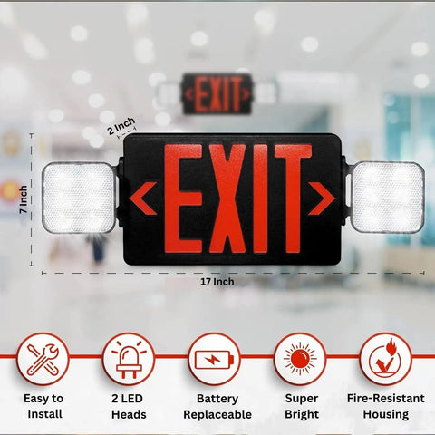 Image of Ultra Bright LED Exit Sign With 90 Minute Battery Backup And Emergency Lights, showing dimensions and features for commercial use.