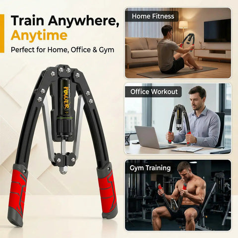 Upgraded Hydraulic Arm Exerciser For Home Gym Chest Workout With Adjustable 10 Gears shown in various workout settings.