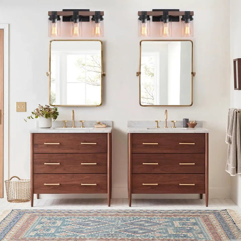 3 Light Farmhouse Vanity Light For Bathroom Over Mirror With Faux Wood Grain Finish Rustic Metal Wall Sconce