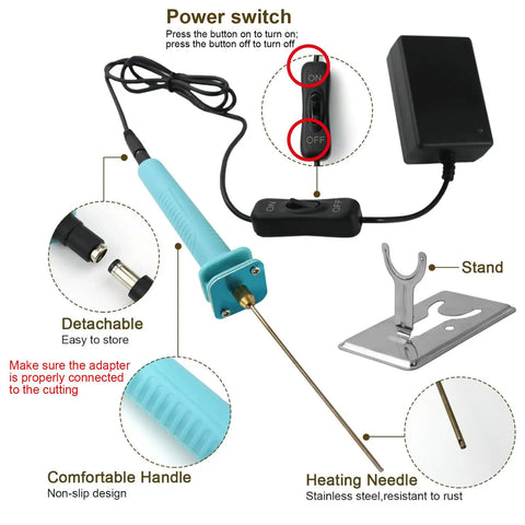 Electric Hot Wire Foam Cutter Pen 10cm for Styrofoam Board showing power switch, detachable wire, and stand for safe use.