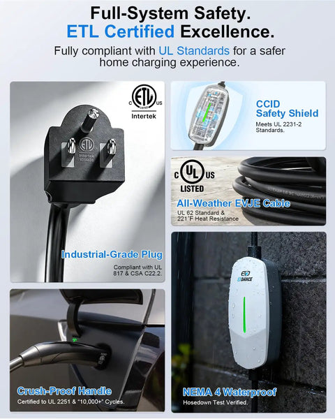 Level 1 And Level 2 Tesla Charger With 25 Ft Nacs Mobile Connector For Home Ev Charging Station 120V 12A And 240V 16A Nema 5-15 And 6-20 Plugs, showcasing industrial-grade plug and EV cable.