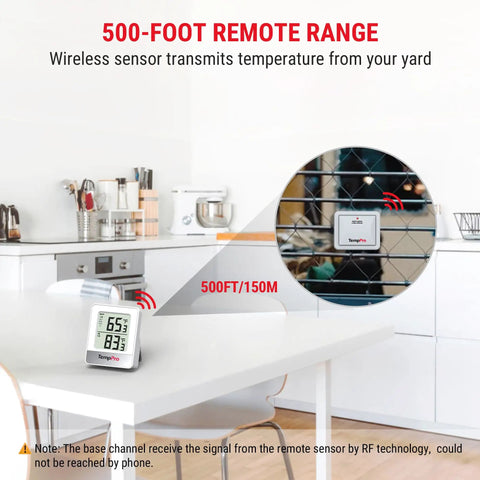 Indoor Outdoor Wireless Thermometer With 500 Feet Range For Your Patio Greenhouse Reptile Enclosure And Baby Room Temperature Sensor readings in a kitchen setting