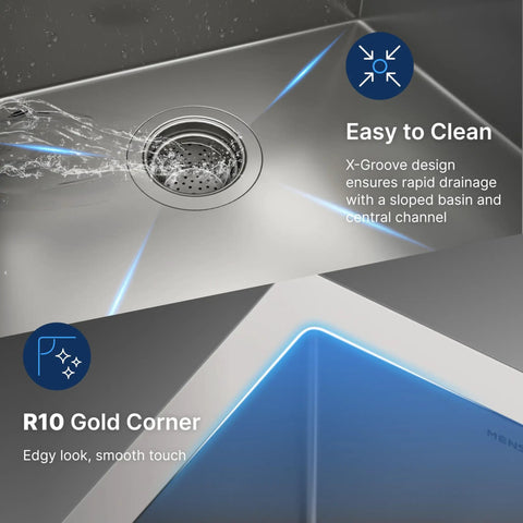 X-groove drainage design and R10 corners of Undermount 10 x 17 Inch Bar Sink, 16 Gauge Single Bowl Handmade Stainless Steel Kitchen Sink