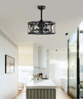 Neojoyoenix 20" Industrial Ceiling Fan with Remote Control,3 Speed,AC Motor in matte black above kitchen island.