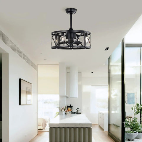 Neojoyoenix 20" Industrial Ceiling Fan with Remote Control,3 Speed,AC Motor in matte black above kitchen island.