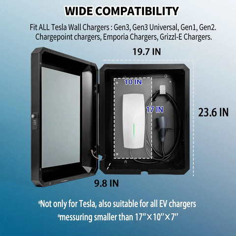 Inside view of Heavy Duty Outdoor Electric Charger Lock Enclosure Wall Mount Protective Housing for Tesla, 23.6x19.7x9.8 inches.