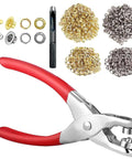 1203Pcs Grommet Eyelet Pliers Tool Kit With 1/4 Inch Eyelets And Washers displayed with pliers, punch, and 300 silver, 300 gold eyelets