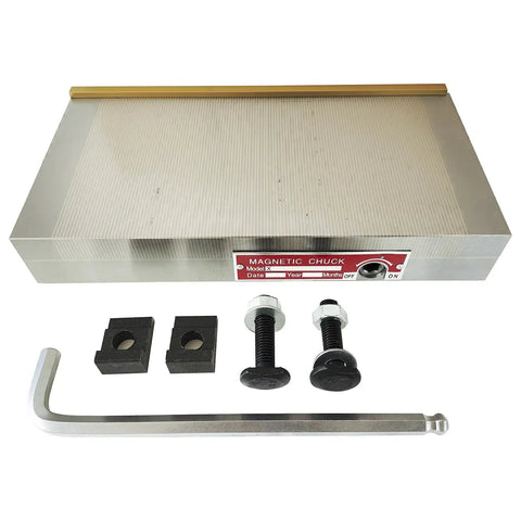 Permanent Magnetic Chuck For Milling And Grinding, 6 By 12 Inch Lathe Magnet With 100 To 120 N Per Cm2 Magnetic Force, High Performance N42 To N45 Magnetic Steel Disc, Heavy Duty Workholding For Metal Machining, showing a magnetic chuck with included accessories.
