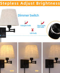 Must Have Bedside Wall Lamp With Dimmable Switch And USB Outlet Swing Arm Fabric Shade Sconce In Black For Bedroom Living Room Or Hotel Plug In Cord Included with adjustable brightness and dimmer switch.