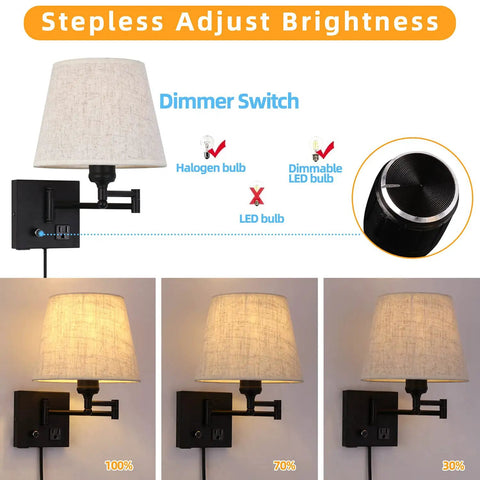 Must Have Bedside Wall Lamp With Dimmable Switch And USB Outlet Swing Arm Fabric Shade Sconce In Black For Bedroom Living Room Or Hotel Plug In Cord Included with adjustable brightness and dimmer switch.