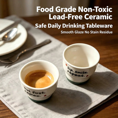 Ceramic Demitasse Espresso Cups Set Of 2, 3.52 Oz Handleless Demitasse Mugs For Double Espresso on wooden table
