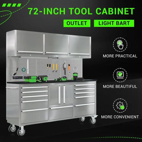 72 Inch Tool Chest With Wheel Lock And LED Lighting, 11 Storage Drawers Plus Double Door Cabinet, Built In Outlet, Stainless Steel Pegboard, Beefy Garage Workshop Storage System