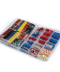 Heavy Duty 678 Piece Crimping Tool Kit With Assorted Cold Press Terminals And Heat Shrink Tubing, organized in clear container.