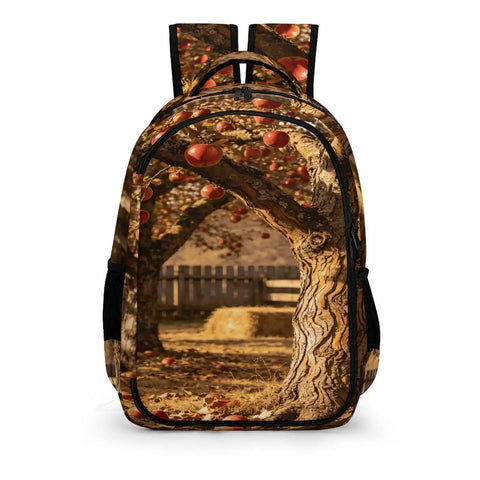 Autumn Apple Orchard Printed Unisex Backpack with Large Capacity, showcasing apple tree design, durable polyester material