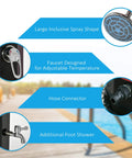 Diagram of 7Ft Outdoor Solar Heated Shower With 360 Degree Rotating Head, Foot Shower Faucet, Temperature And Pressure Control features